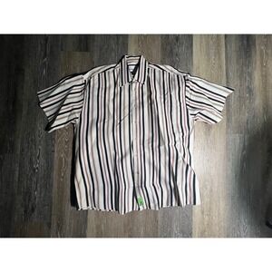 Tribute Button Down Shirt Mens Large Cream Navy Red Striped Good Short Sleeve